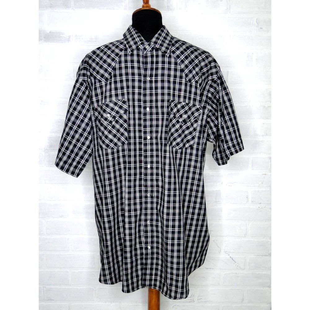 Plains Western Wear Pearl Snap Shirt Tall Man 2X Black Plaid Short Sleeve.